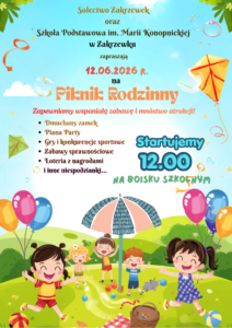 Zaproszenie na Piknik Rodzinny, który odbędzie się w szkole w dniu 12 czerwca 2026 r. o godzinie 12.00.