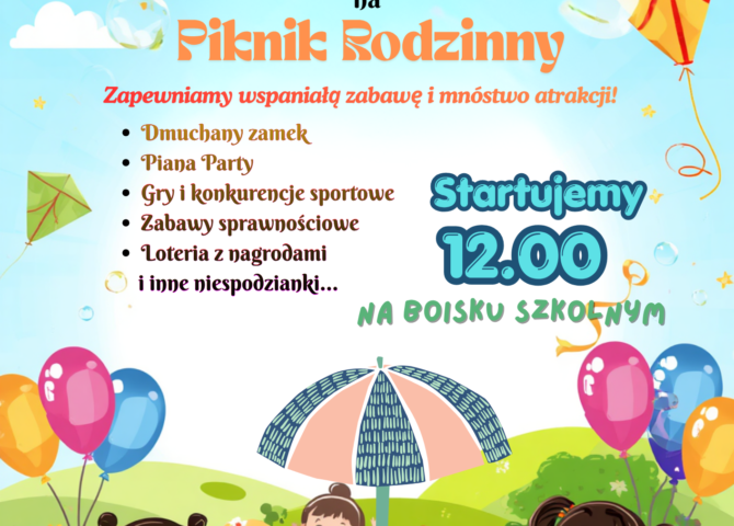 Zaproszenie na Piknik Rodzinny, który odbędzie się w szkole w dniu 12 czerwca 2026 r. o godzinie 12.00.