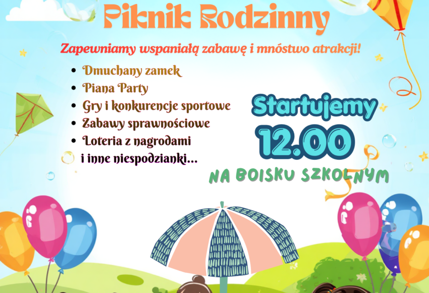 Zaproszenie na Piknik Rodzinny, który odbędzie się w szkole w dniu 12 czerwca 2026 r. o godzinie 12.00.